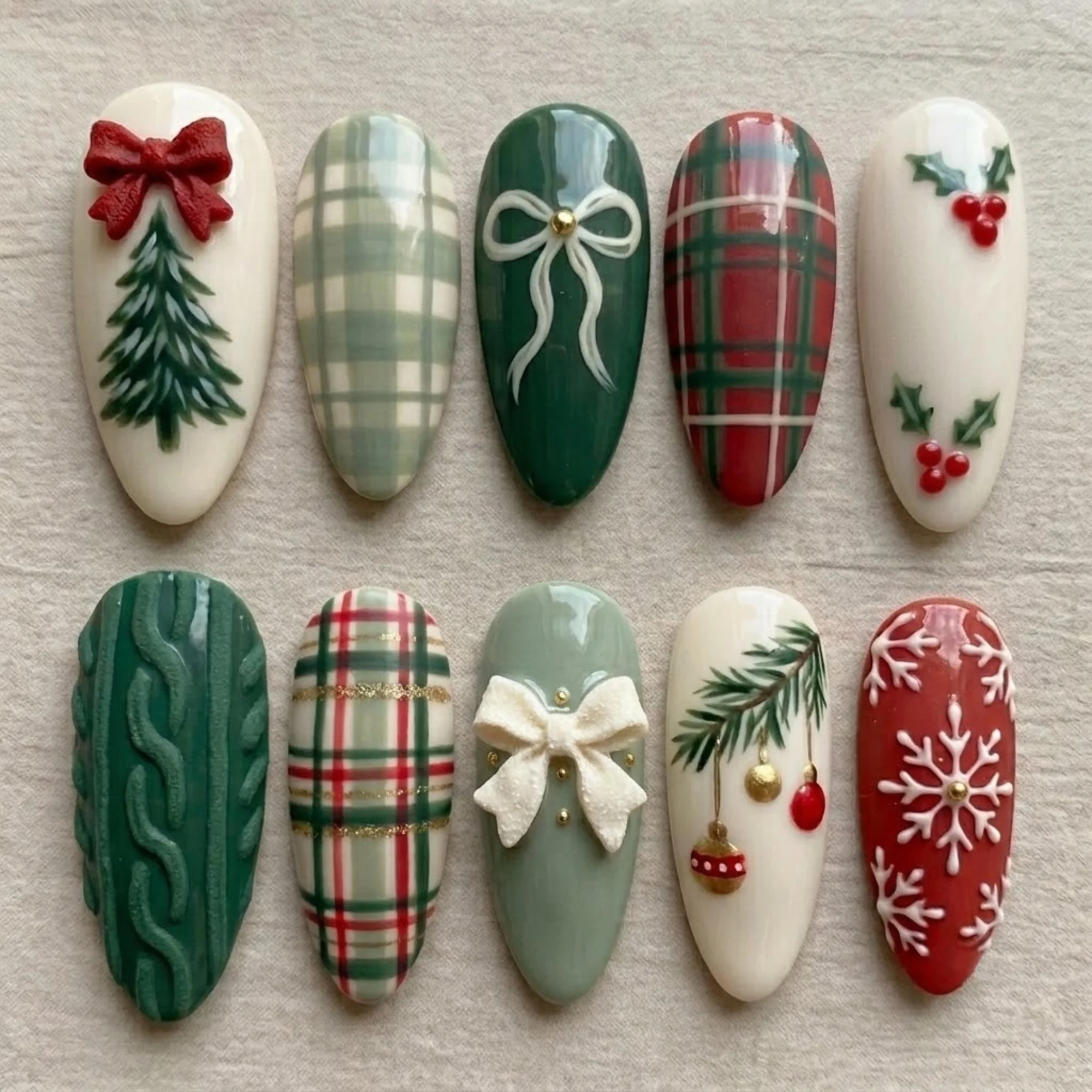 Christmas press-on nails set with tree, plaid and holly designs
