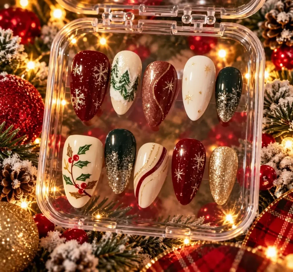 Christmas nails ideas: Holiday press-on nails case with snowflakes and Christmas trees