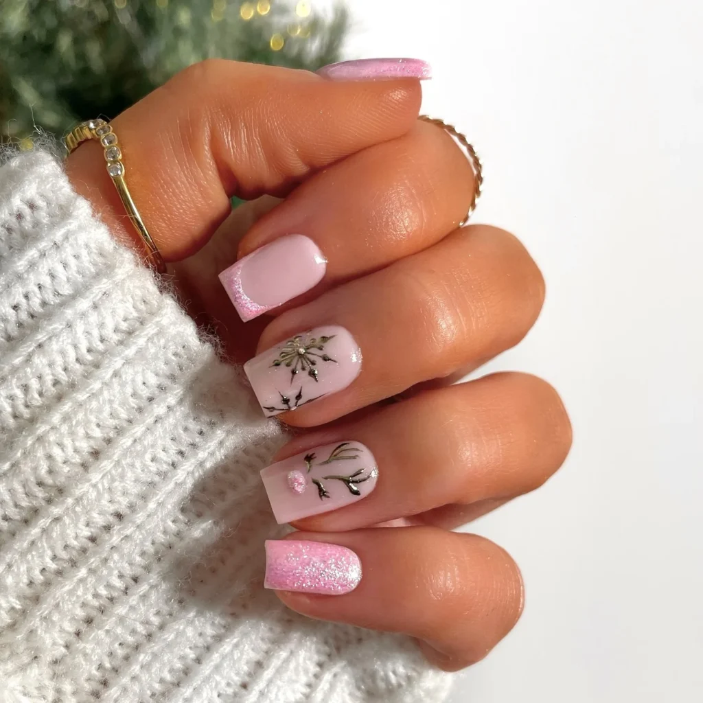 Reindeer accent Christmas nails with snowflake and pink glitter