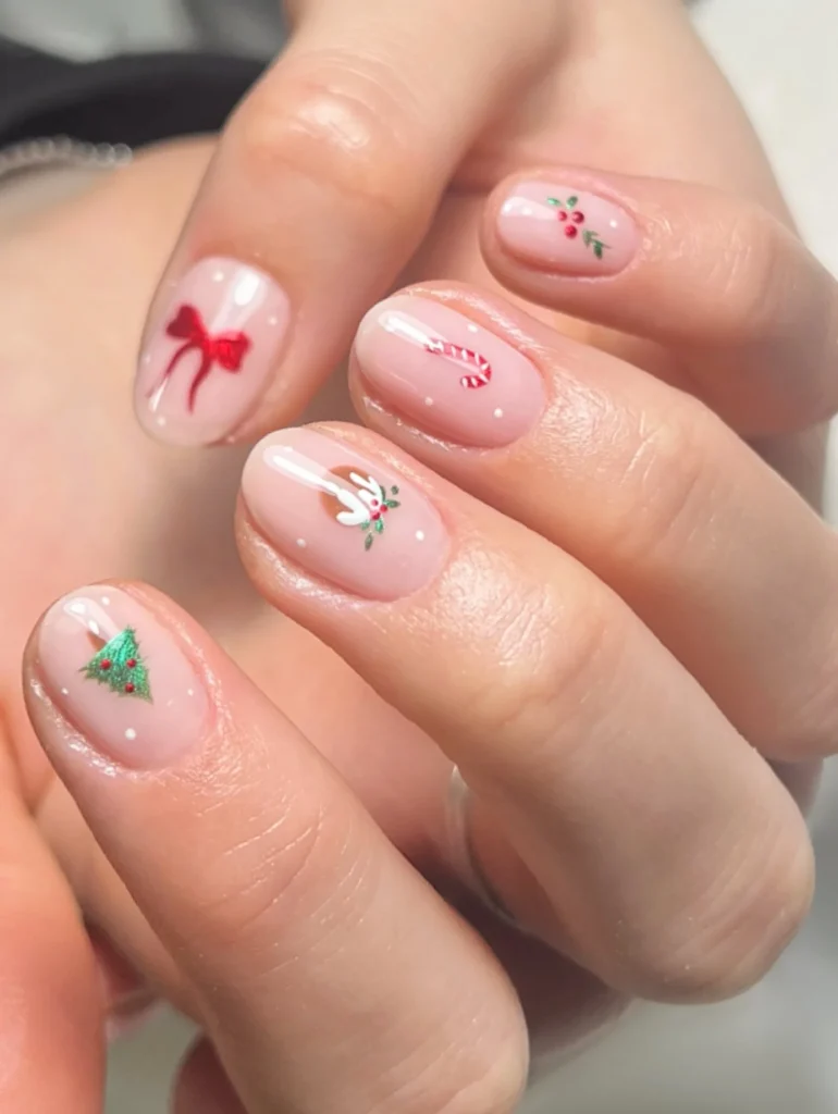 Delicate Christmas mix nails with bow, candy cane and reindeer