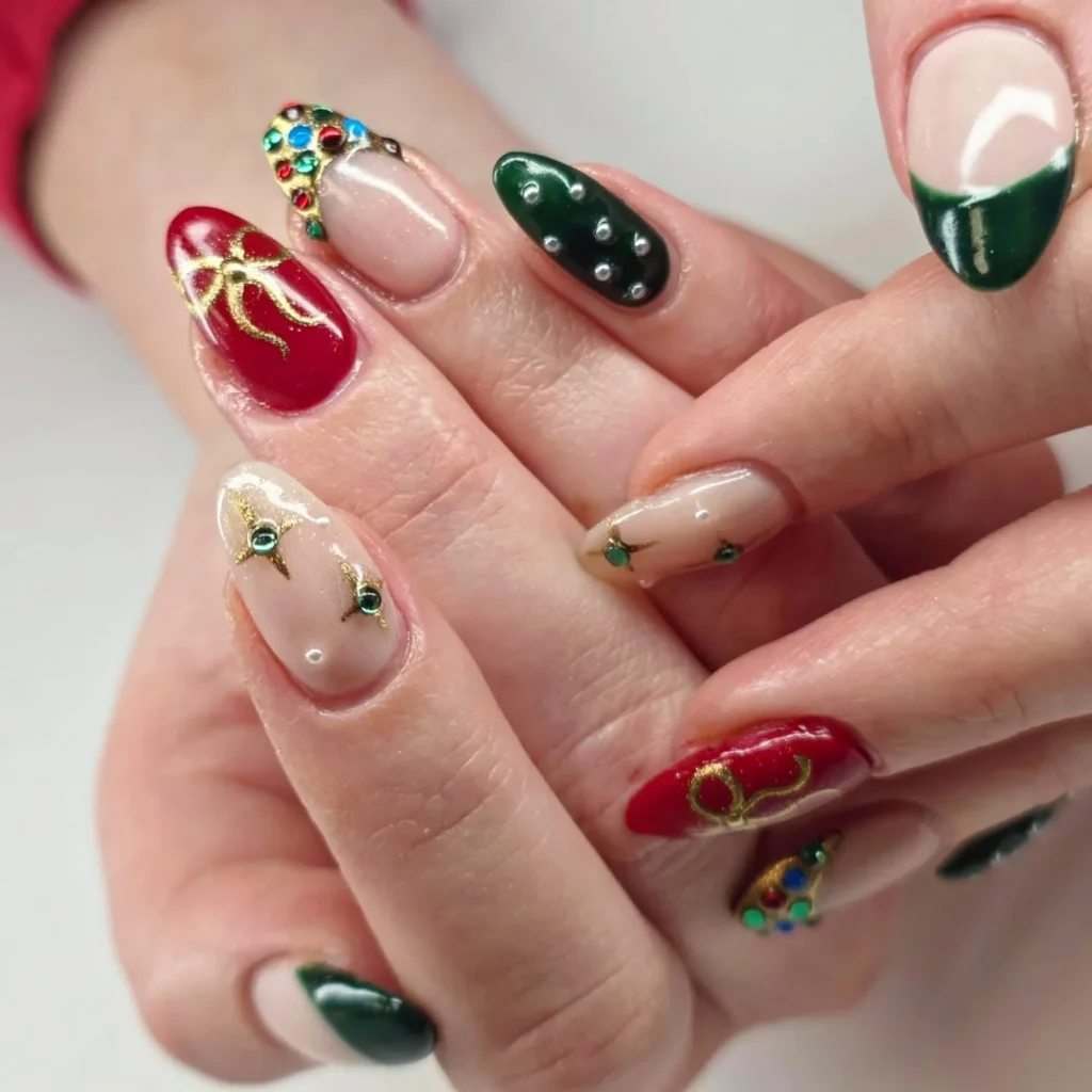 Red and gold ornament Christmas nails designs