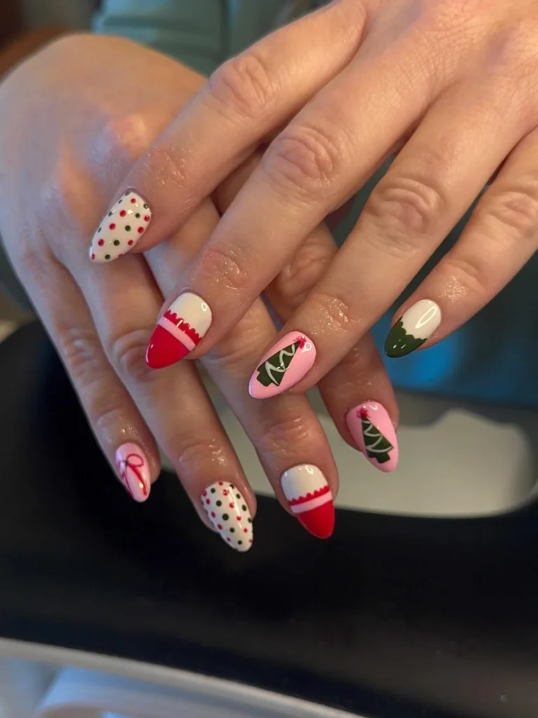 Santa hat and polka dot Christmas nails